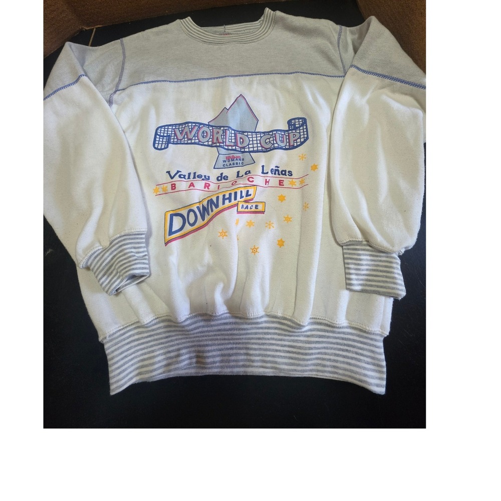 Vtg Wilson World Cup Downhill Race Ski Sweatshirt White Gray Mens L